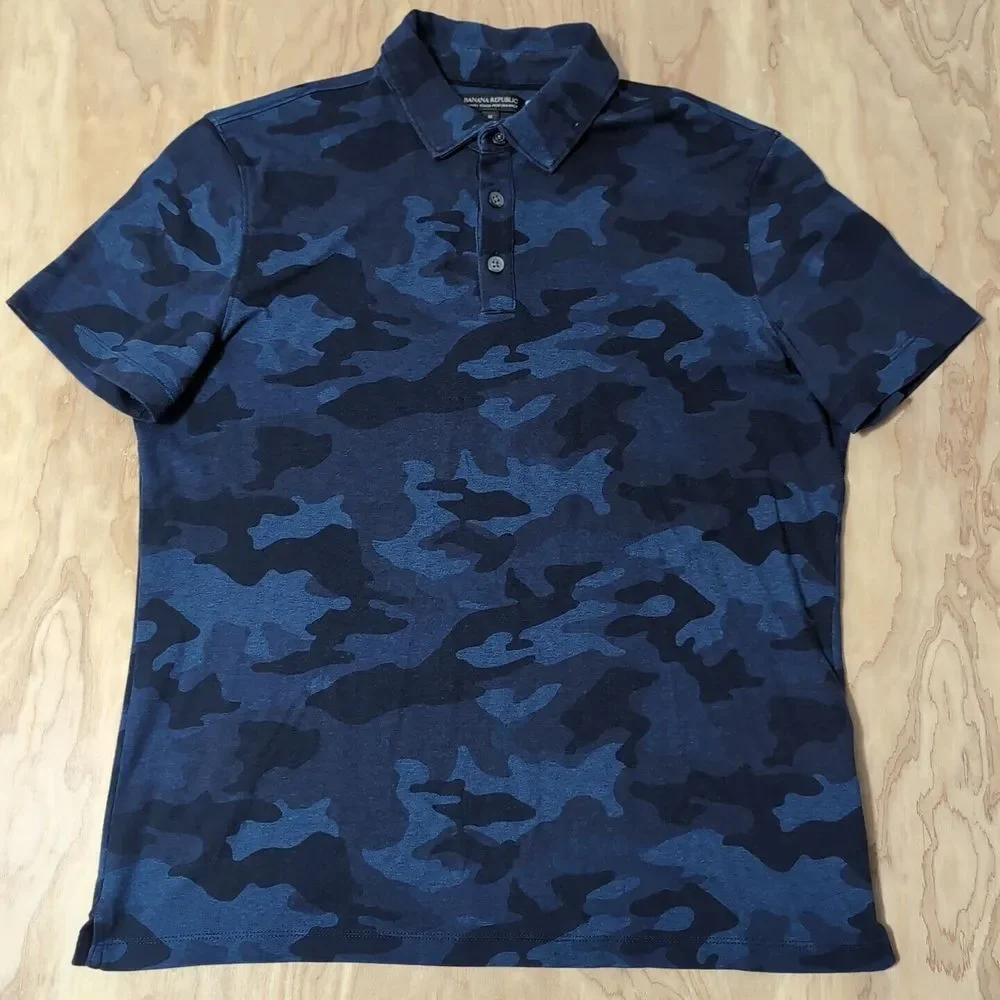 Banana Republic Shirt Men M Blue‎ Camouflage Luxury Touch Performance Polo Rugby